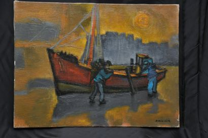DAN WALCK "Les deux pêcheurs" Huile sur toile signée en bas à droite, contresignée...