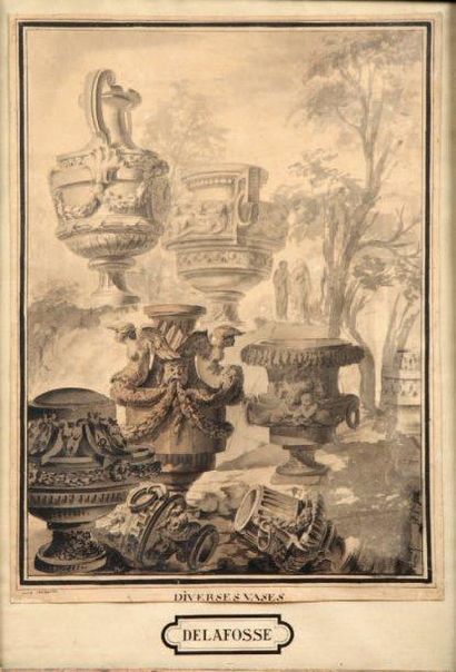 Attribué à Jean-Charles DELAFOSSE (1734-1789) Divers vases Dessin au lavis, titré....