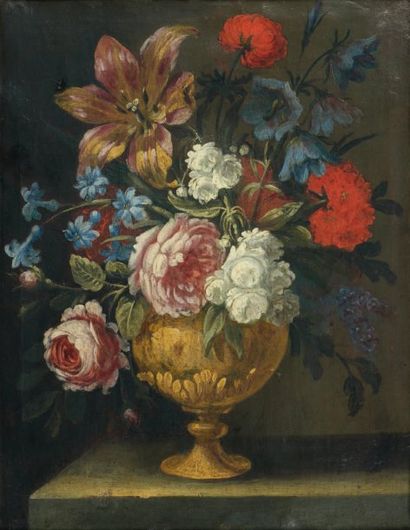 École FRANÇAISE de la première moitié du XVIIIe siècle Vase de fleurs sur un entablement...