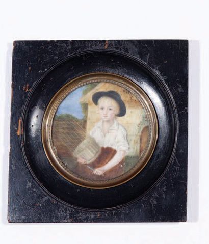 Ecole française du début du XIXème siècle « enfant tenant un panier ». Miniature...