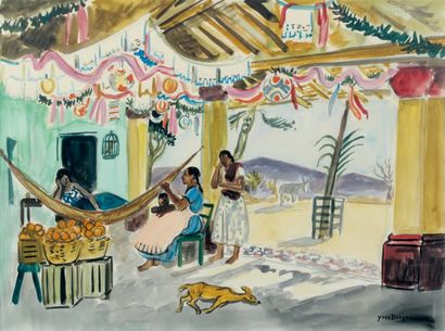 yves BRAYER (1907-1990) Le hamac, Temantepec Aquarelle et mine de plomb sur papier....