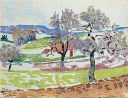 Armand GUILLAUMIN (1847-1927) Maison dans un paysage, Gif Pastel sur papier. Signé,...