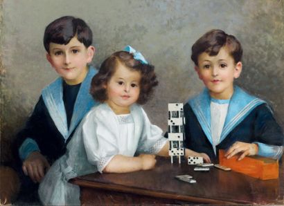 S. BARAIZE (XIXème-XXème siècles) Enfants jouant aux dominos Pastel sur papier marouflé...