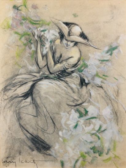 Louis ICART (1888-1950) Femme au tricorne Crayon de couleurs, rehauts de gouache....
