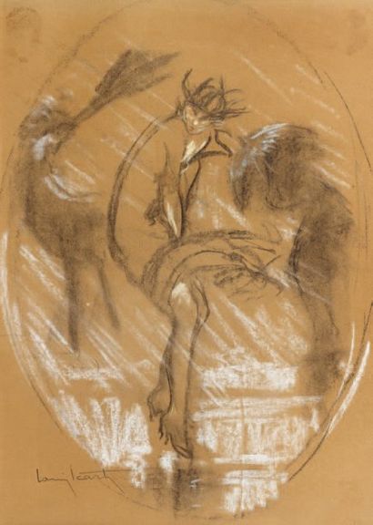 Louis ICART (1888-1950) Le Coup de vent Fusain et craie blanche ovale. Signé en bas...