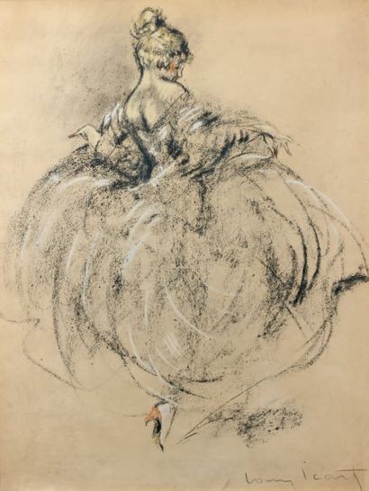Louis ICART (1888-1950) Femme en robe du XVIIIème siècle de dos Crayon. Signé en...