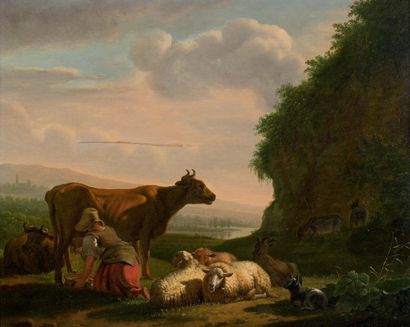 Ecole hollandaise vers 1830 Vaches et bergers Panneau de chêne, une planche, non...