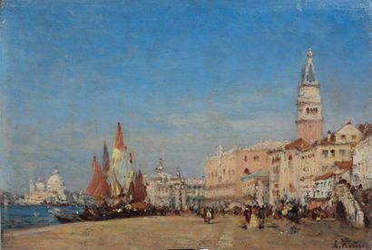 Amédée ROSIER (1831-1898) Quai des esclavons, Venise Huile sur panneau, signée en...