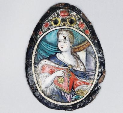 null Plaque émaillée sur cuivre, Anne d'Autriche( ?), XVIIème siècle. 8,5 x 6,5 ...