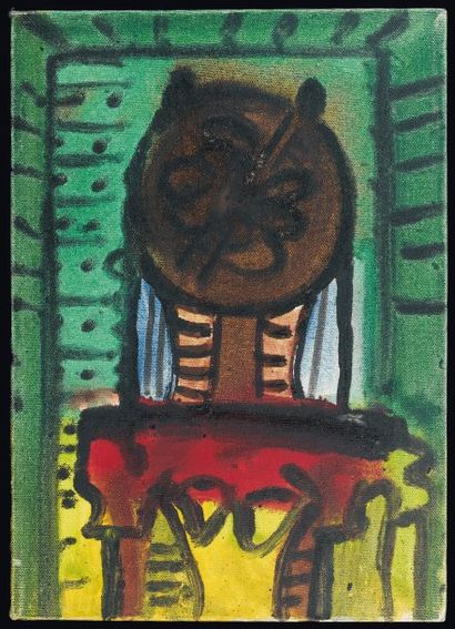 Wilfredo LAM (1902-1982) Tête de chat Huile sur toile. Signée au dos et datée (19)73....