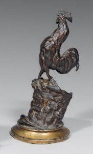Auguste CAÏN (1822-1894) Coq chantant sur un panier Bronze à patine brune signé A...