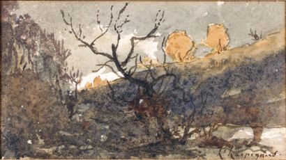 Henri-Joseph HARPIGNIES (1819-1916) Le sentier Aquarelle sur papier. Signée en bas...