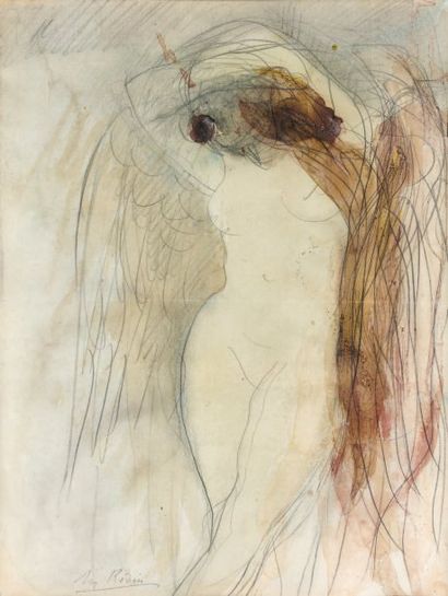 Auguste RODIN (Paris 1840-Meudon 1917) Etude de femme ailée Aquarelle sur traits...