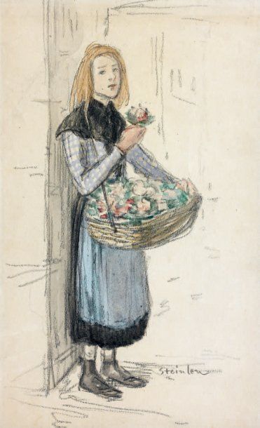 Théophile Alexandre STEINLEN (1859-1923) La vendeuse de fleurs Aquarelle. 22,7 x...