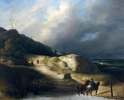 école ANGLAISE vers 1840 Les chevaux sur la plage Toile. 81 x 98 cm RM
