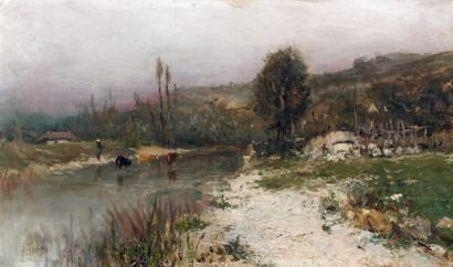 Adolphe APPIAN (Lyon 1818-1898) Bord de rivière au troupeau Toile. Signée en bas...