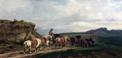 Albert Lucien DUBUISSON (Rouen 1850-Paris 1937) Le convoi des chevaux Toile. Signée...