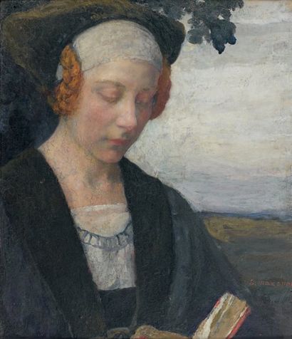 Edgar MAXENCE (1871-1954) Femme de la Renaissance à la lecture Huile sur panneau....
