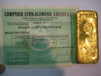 null LINGOT OR 
Bulletin d'essai Comptoir Lyon Alemant Loyot n° 578 681
Titre : 997.4
Poids...