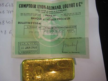 null LINGOT OR 
Bulletin d'essai Comptoir Lyon Alemant Loyot n° 578 679
Titre : 997.4	
Poids...