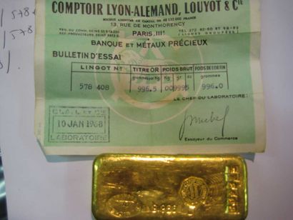 null LINGOT OR 
Bulletin d'essai Comptoir Lyon Alemant Loyot n° 578 408
Titre : 996.5
Poids...