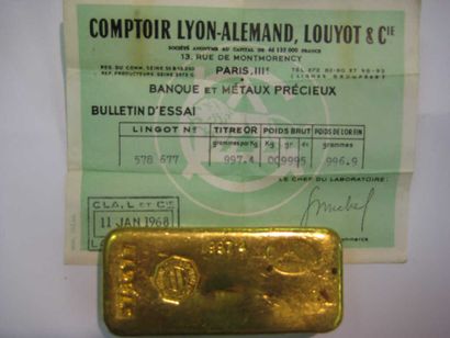 null LINGOT OR 
Bulletin d'essai Comptoir Lyon Alemant Loyot n° 578 677
Titre : 997.4
Poids...