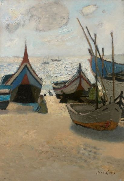 René GENIS (1922-2004) «Les barques à Nazaré, Portugal»
Huile sur toile.
Signée en...