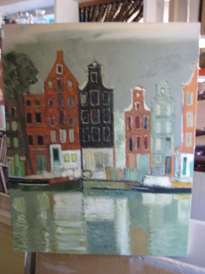 René GENIS (1922-2004) «Maisons à Amsterdam»
Huile sur toile.
Signée en bas au milieu,...