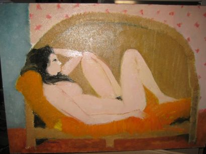Guy Bardone (1927-2015) «Brune au canapé»
Huile sur toile.
Signée en bas à gauche,...