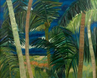 Guy Bardone (1927-2015) «Palmes, Tobago»
Huile sur toile (Enfoncement).
Signée en...