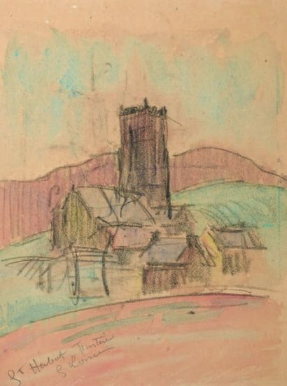 Gustave LOISEAU (1865-1935) 
Église de Saint Herbot
Pierre noire et pastel, signée...