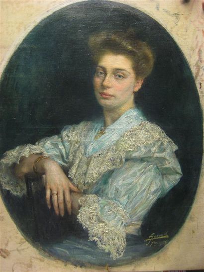 null Lucien Hector JONAS (1880-1947)
Portrait de femme à la ribe bleu ciel 
Huile...