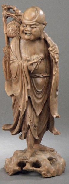 null Grande statue en bois précieux clair représentant le mendiant philosophe, le...