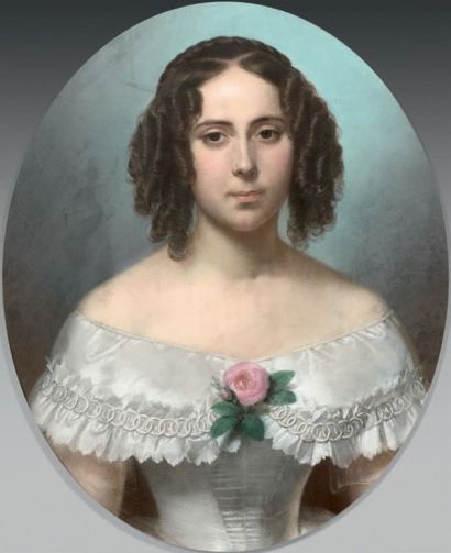 Théodore FANTIN - LATOUR (1805-1872) Portrait de jeune fille à la rose
Pastel ovale.
60...