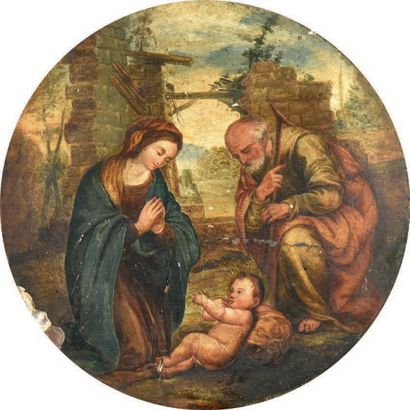 Ecole italienne du XVIIe siècle L'Adoration de l'Enfant Jésus
Panneau rond
Diam.:...