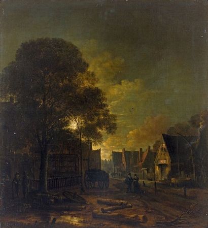 Aert van der NEER (Gorinchem, 1603 - Amsterdam, 1677) Vue de village au clair de...