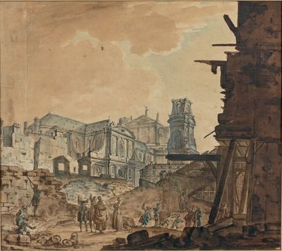 Attribué à Pierre Louis MOREAU-DESPROUX (Paris 1727-1794) Destruction du marché de...