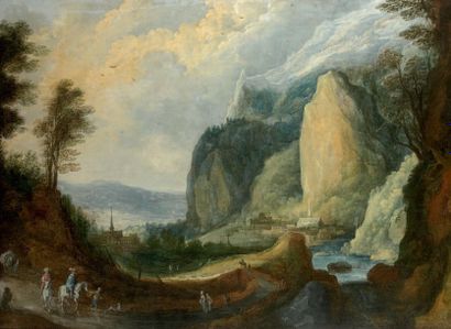 Attribué à Joos de MOMPER (1564-1635) Paysage de montagnes avec des cavaliers demandant...