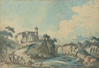 Louis-Gabriel MOREAU dit l'Aîné (Paris 1740-1806) Paysage animé avec cours d'eau
Gouache.
9...