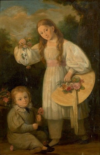 Ecole française vers 1850 Portrait de jeune fille au chapeau avec son petit frère
Sur...