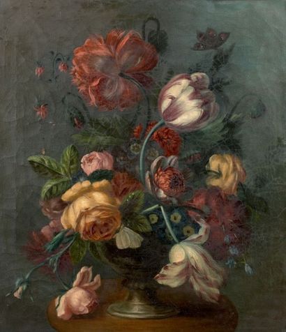 Ecole Française vers 1900 Vases de fleurs sur un entablement
Paire de toiles, sur...