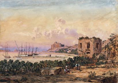 Attribué à Achille VIANELLI (1803-1894) Paysage maritime avec une tour
Gouache
19...