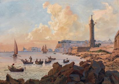 Attribué à Achille VIANELLI (1803-1894) Paysage maritime avec un phare
Gouache
19...