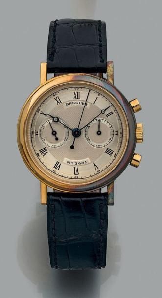 BREGUET Réf. 3237, No. 3461D, vers 1990.
Chronographe bracelet en or jaune 18K (750)....