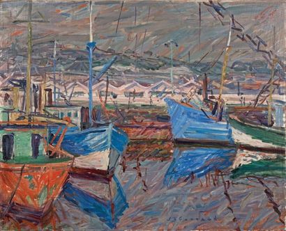 Emile SABOURAUD (1900-1996) Les chalutiers
Huile sur toile.
Signée en bas vers la...
