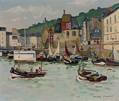 Jacques BOUYSSOU (1926 - 1997) Port d'Honfleur, Juillet 65
Huile sur toile.
Signée...