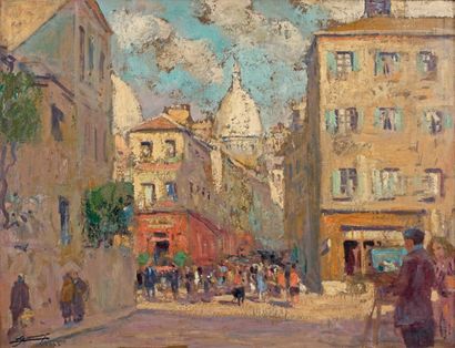 Lucien Hector JONAS (1880-1947) Rue à Montmartre
Huile sur papier contrecollé sur...