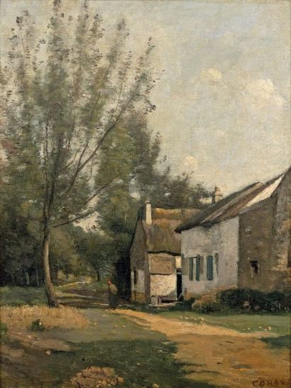 Jean-Baptiste Camille COROT (1796 - 1875) Saules et chaumières, 1860
Huile sur toile.
Signée...