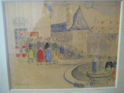 Émile Alfred DEZAUNAY (1854-1938) Les bretonnes à la sortie de l'église
Aquarelle.
Signée...