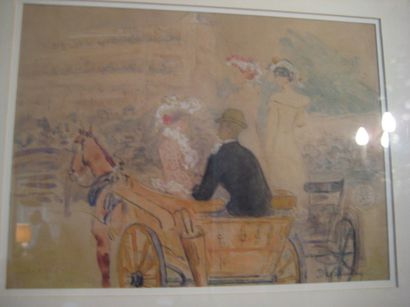 Émile Alfred DEZAUNAY (1854-1938) Les calèches
Aquarelle.
Signée en bas à droite.
On...